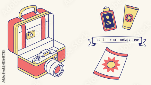 Summer Trip Packing List Retro Camera Suitcase Sunscreen