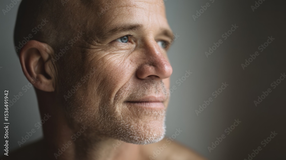 Obraz premium Caucasian man in his 50s, calm expression, soft shadows, clean backdrop