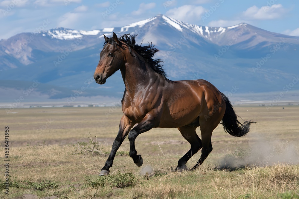 Fototapeta premium Brown horse running in a field with mountains