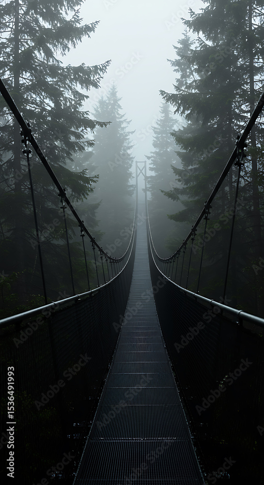 Fototapeta premium Atmospheric view of an empty suspension bridge disappearing into a dark, foggy forest. Moody and mysterious path leading into the unknown. Concept of journey, solitude, and perspective.