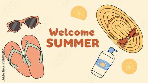 Welcome Summer Flatlay Illustration Sunglasses Flip Flops Straw Hat Sunscreen