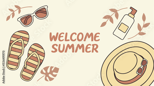Welcome Summer Flatlay Straw Hat Sunglasses Flip Flops