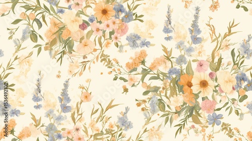 Soft Floral Pattern with Delicate Blossoms and Leafy Accents