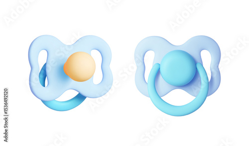 Blue baby pacifier 3d icons. Silicone nipple with plastic details, front and back view. Newborn boy accessory for calm, vector realistic rendering element