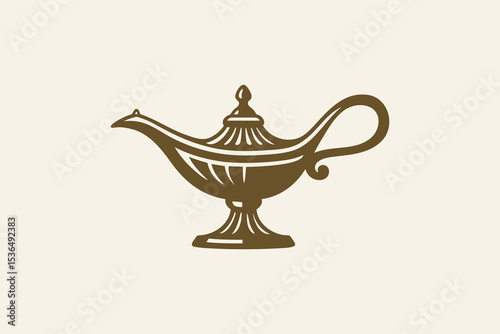 Magic genie lamp profile, vintage engraving style vector illustration

