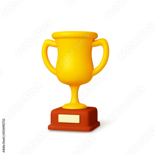 Winner cup on stand 3d icon. Isolated gold trophy realistic design. Empty template for award in competition, science, entertainment, vector element