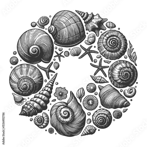 seashells and a starfish in a circular composition, ideal for coastal and nautical designs sketch engraving generative ai vector illustration. Scratch board imitation. Black and white image.