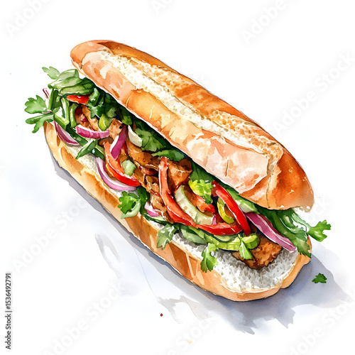A fresh watercolor painting of a Vietnamese Banh Mi sandwich, showcasing its vibrant ingredients and crispy baguette.