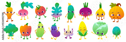 Retro cartoon vegetables characters set. Cute vector veggies collection for kids.