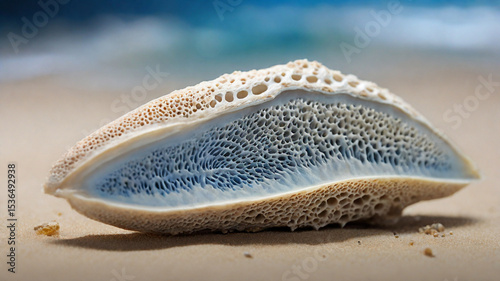 Cross-Section of Porous Cuttlebone on Beach Sand with Ocean Blur

