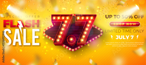 7 July Shopping Day Flash Sale Design with 3d 7.7 Number, Light Bulb Billboard and Typography Lettering on Yellow Background. Vector Summer Special Offer 50 Percent Off Campaign Discount Illustration