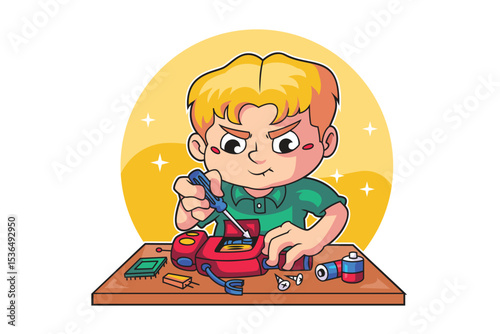 Curious Boy Concentrated on Robot Assembly