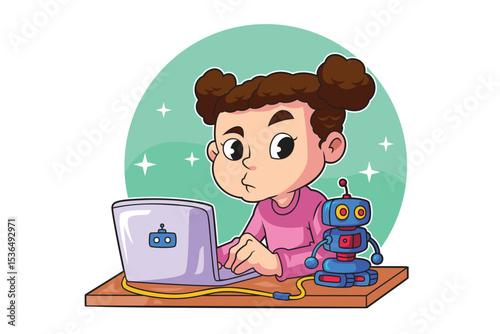 Young Girl Programming Her Robot with a Laptop