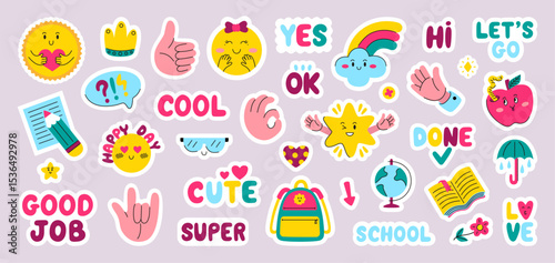 Kids diary stickers. Funny planners or personal journal badges. Cute daily list decoration elements, hands, sun, apple, stars, texts, neoteric vector design