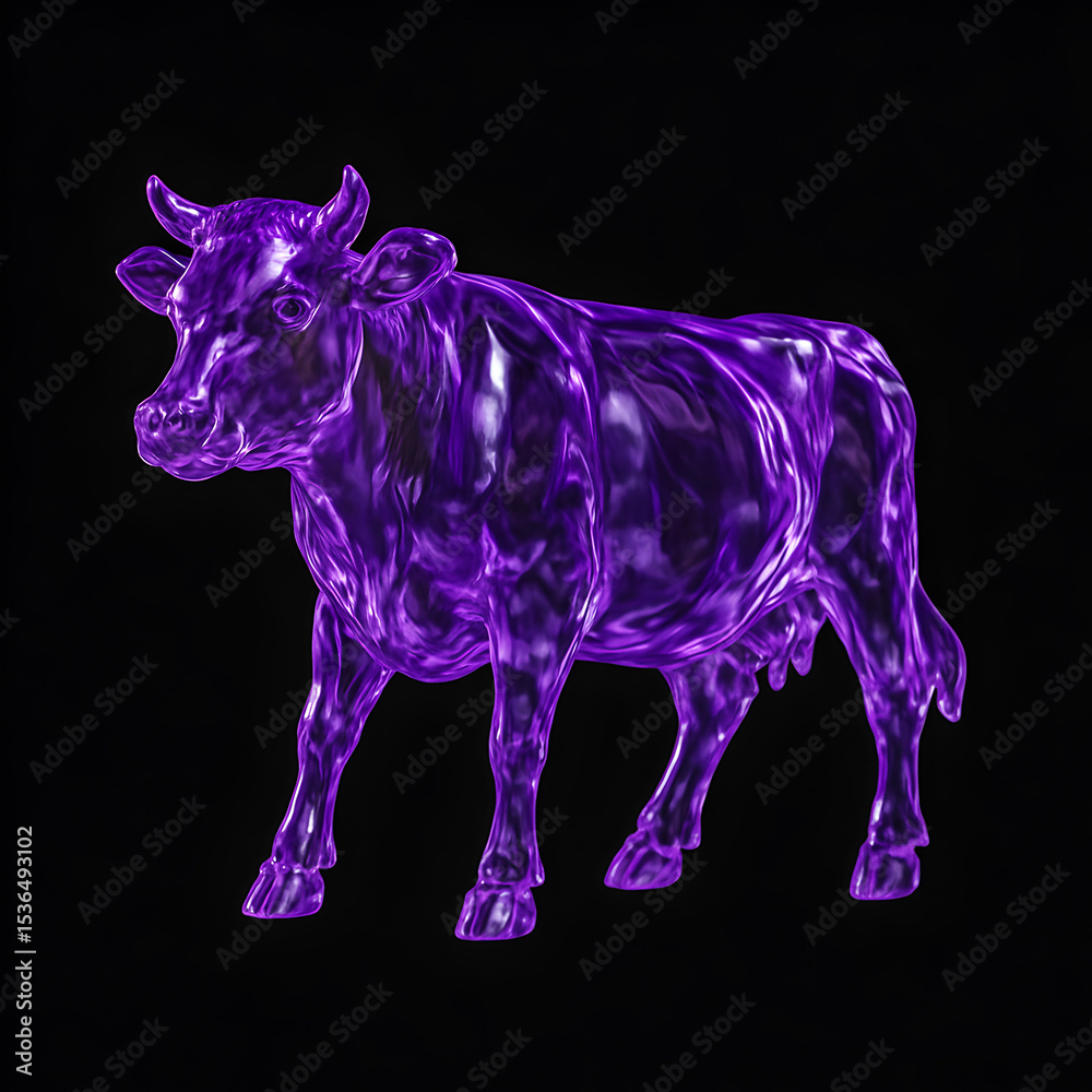 A striking purple glass figurine of a cow, with a luminous, almost holographic appearance, against a dark background. A striking purple glass figurine of a cow, with a luminous, almost holographic appearance, against a dark background.