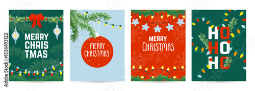 Christmas cards with garlands. Greetings postcards design for xmas holidays and new year. Winter party decoration, bow, garland, retro toys, neoteric vector template