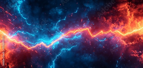 Electric streaks of aurora in tangerine and ocean blue neon with burst lines