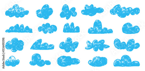 Pencil drawing clouds. Abstract blue cloud, crayon children style painting. Isolated cloudy sky icons, weather and nature symbols neoteric vector set