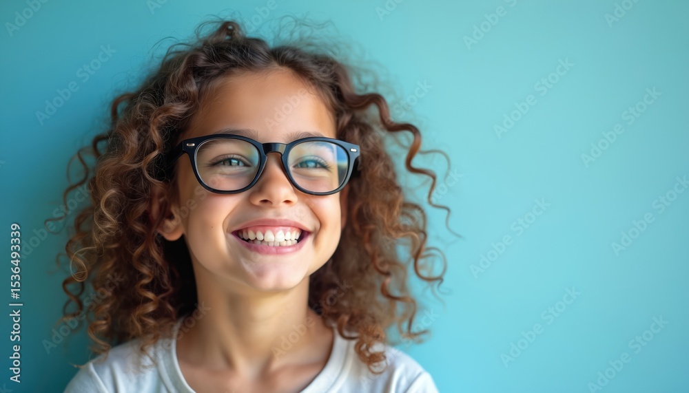 Obraz premium Joyful young girl with curly brown hair wearing glasses smiles on blue background. Child shows white teeth, expressing happiness. Education concept, vision, happy childhood. Portrait of adorable kid.