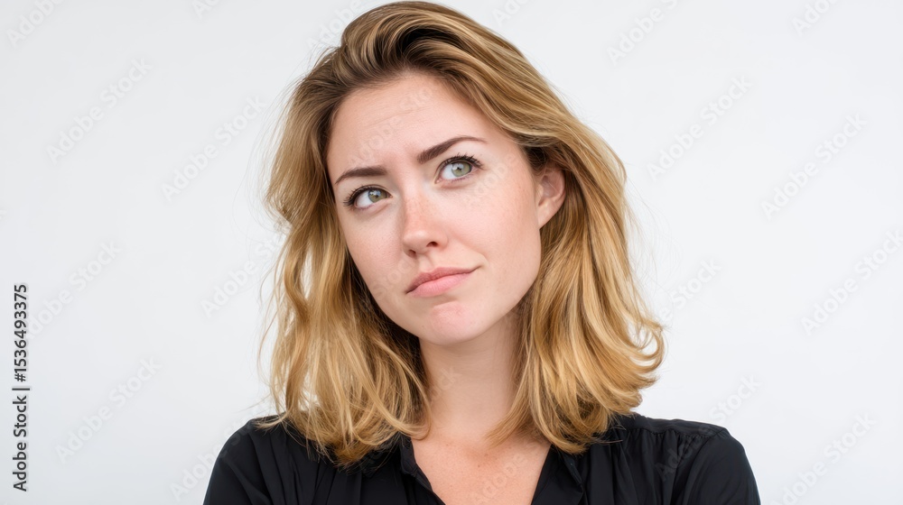 Fototapeta premium Caucasian woman with medium-length blonde hair, calm expression, white background