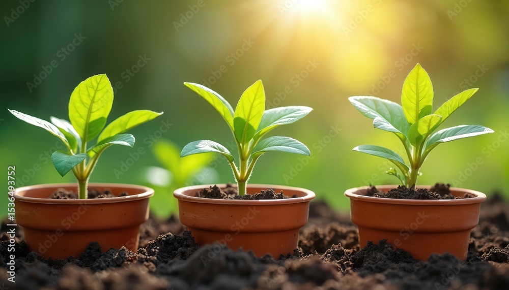 Obraz premium Fresh green seedlings grow in terracotta pots, surrounded by soil in sunny garden. Healthy young plants with vibrant leaves thrive. Gardening, cultivation concept. Spring, growth, nature, ecology,
