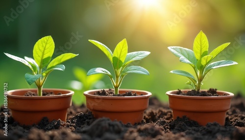 Fresh green seedlings grow in terracotta pots, surrounded by soil in sunny garden. Healthy young plants with vibrant leaves thrive. Gardening, cultivation concept. Spring, growth, nature, ecology,