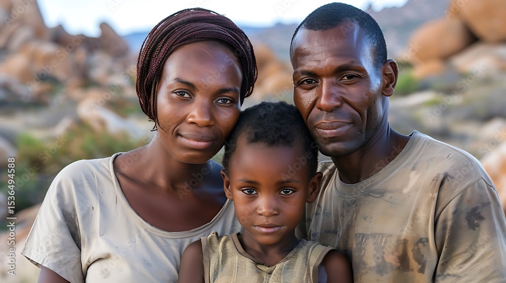 African Family Portrait Mother Father and Child Close up shot of a family outdoors against a blurred rocky background African Family Portrait Mother Father and Child Close up shot of a family outdoors against a blurred rocky background