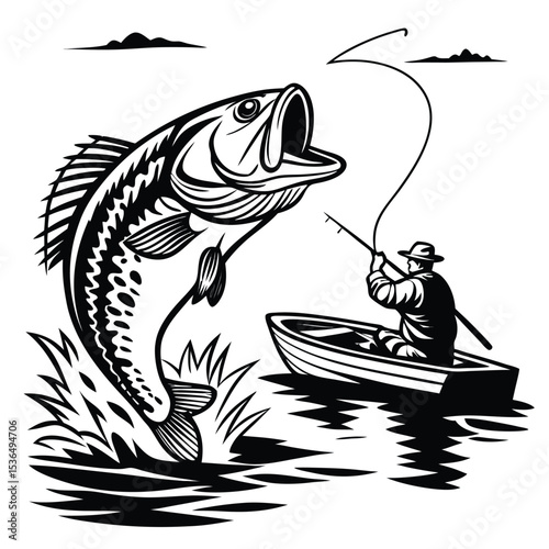 Dynamic Black and White Bass Fishing Illustration - Angler Catching Large Fish from Boat