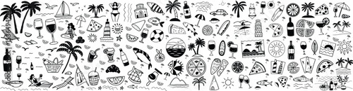 Black and white vector icon set of summer vacation elements. Includes sun, beach umbrella, palm tree, suitcase, flip flops, sunglasses, ice cream, camera, surfboard, cocktail silhouette icons PNG