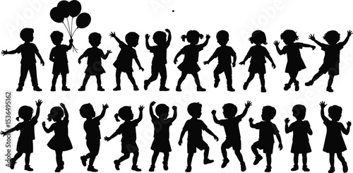 Silhouettes of happy children playing, running, dancing, holding balloons, active kid poses, childhood fun, vector illustration, black isolated design