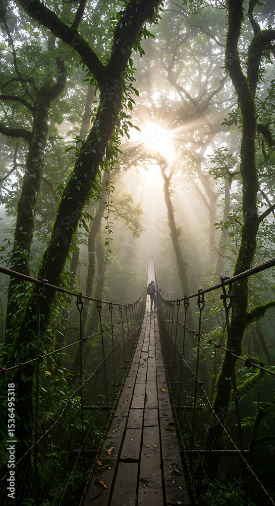 Obraz premium Hiker with a backpack on an epic journey across a suspension bridge in a lush, misty rainforest with dramatic sunbeams breaking through the fog. Concept of adventure, travel, exploration.