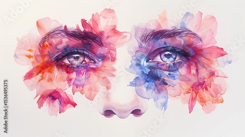 Watercolor painting of a woman's eyes and nose surrounded by pink and blue flower petals