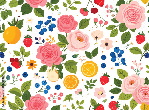 Floral and fruit pattern design with roses and berries on a dark backdrop on transparent background