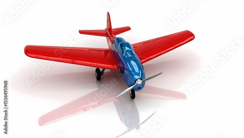 A vibrant red and blue toy airplane, meticulously detailed, sits on a stark white background, its reflection subtly mirrored below.