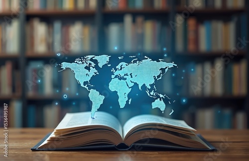 Open book with glowing digital world map. E-learning concept for online courses, remote schooling, and global education. Bookshelf background library interior knowledge.
