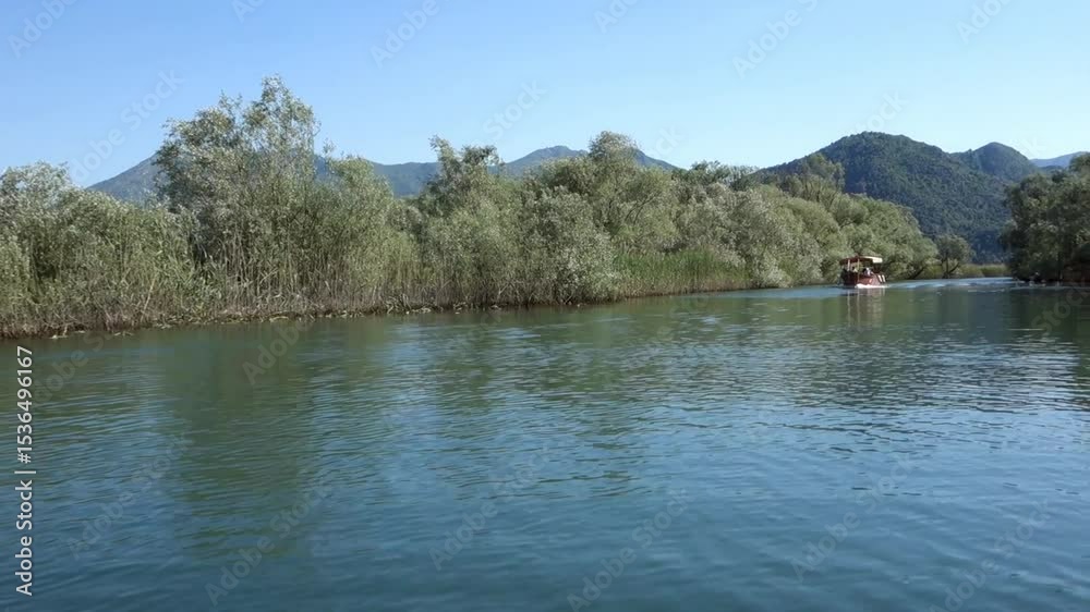 rustic raft cross the water channel in Skadar lake. on the border of Albania and Montenegro rustic raft cross the water channel in Skadar lake. on the border of Albania and Montenegro