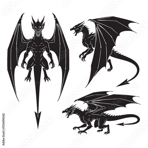 Terrifying Shadow Wyvern Two-Legged Dragon Graphic Vector, Showing its Sharp Claws and Open Wings - wyvern silhouette - wyvern vector - silhouette of wyvern
