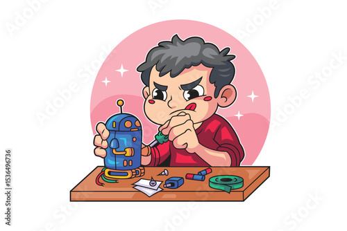 Focused Young Boy Building a Robot
