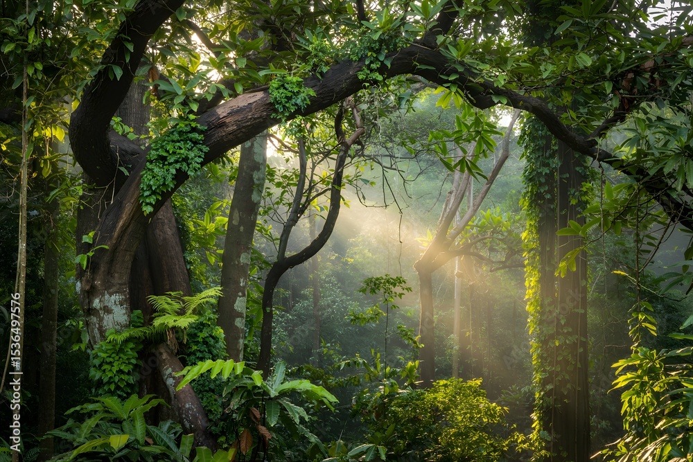 Fototapeta premium Sunbeams illuminating lush tropical rainforest