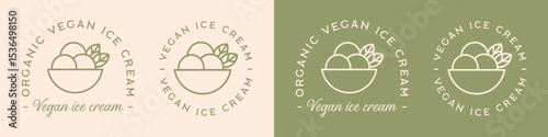Vegan organic ice cream natural healthy dairy free food green aesthetic logo sticker circular round label badge design. Plant based dessert cup bowl leaf illustration drawing text clipart bundle pack.