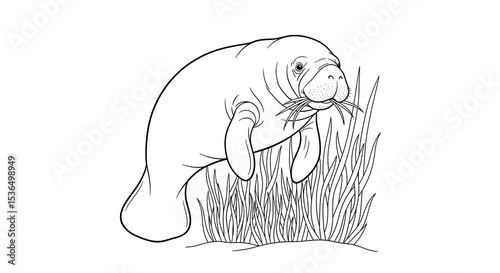 Manatee coloring page for kids, sea cow outline drawing, marine mammal illustration, sirenia art on transparent background