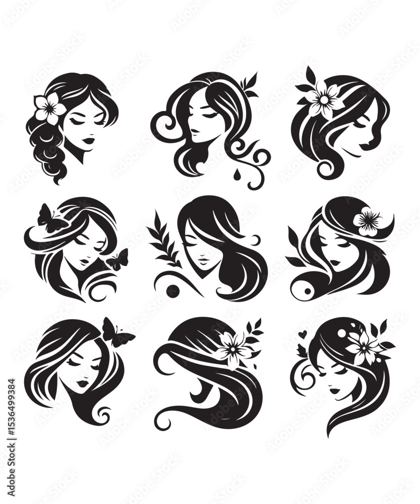 Obraz premium Beauty woman Face and hair style logo vector, woman Face vector illustration. woman Face icon