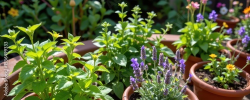 a backyard garden featuring thriving mint, lemon balm, and lavender plants in pots under sunlight.