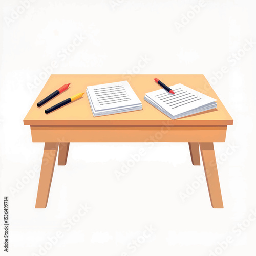 Learning table with markers and sheets on white background, education