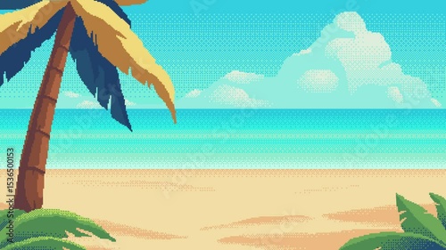 Loop animation of a pixel art beach with gentle ocean waves and palm leaves swaying in the breeze.