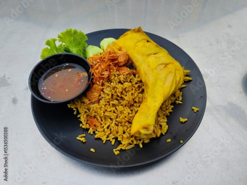 Chicken Biryani in black dish and fried onion on top and sauce in small cup.
