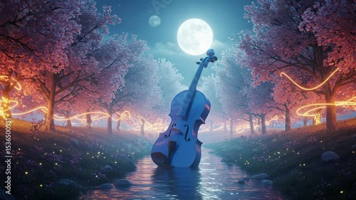 Enchanted violin floating in river under moonlight with pink trees surreal dream