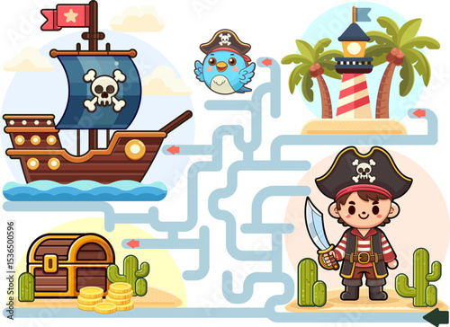 Adventure maze with pirates. Game for kids. Help the pirates find the way to the treasure and board the pirate ship, Preschool educational activity, Flat vector cartoon illustration.