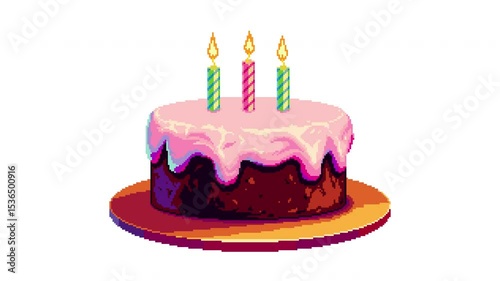 Animated pixel art of a birthday cake with three burning candles and pink icing. Looped animation on transparent background for festive design and digital greeting uses.