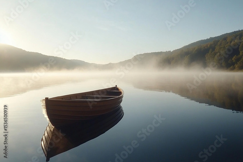 Fog envelops a lone boat drifting on a tranquil lake at dawn